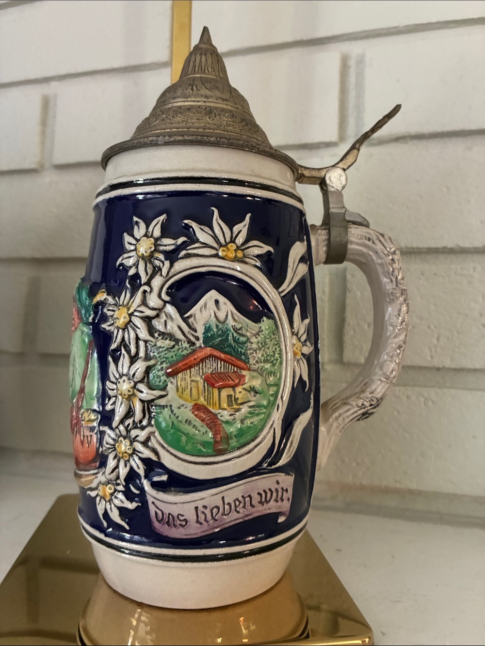 Vintage German “Happy with Beer” Ceramic Alpine Stein